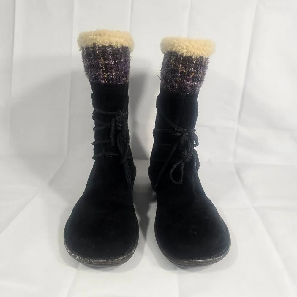 UGG Australia Shearling Winter Boots Women Size 9 Black Suede Lace-Up Mid-Calf